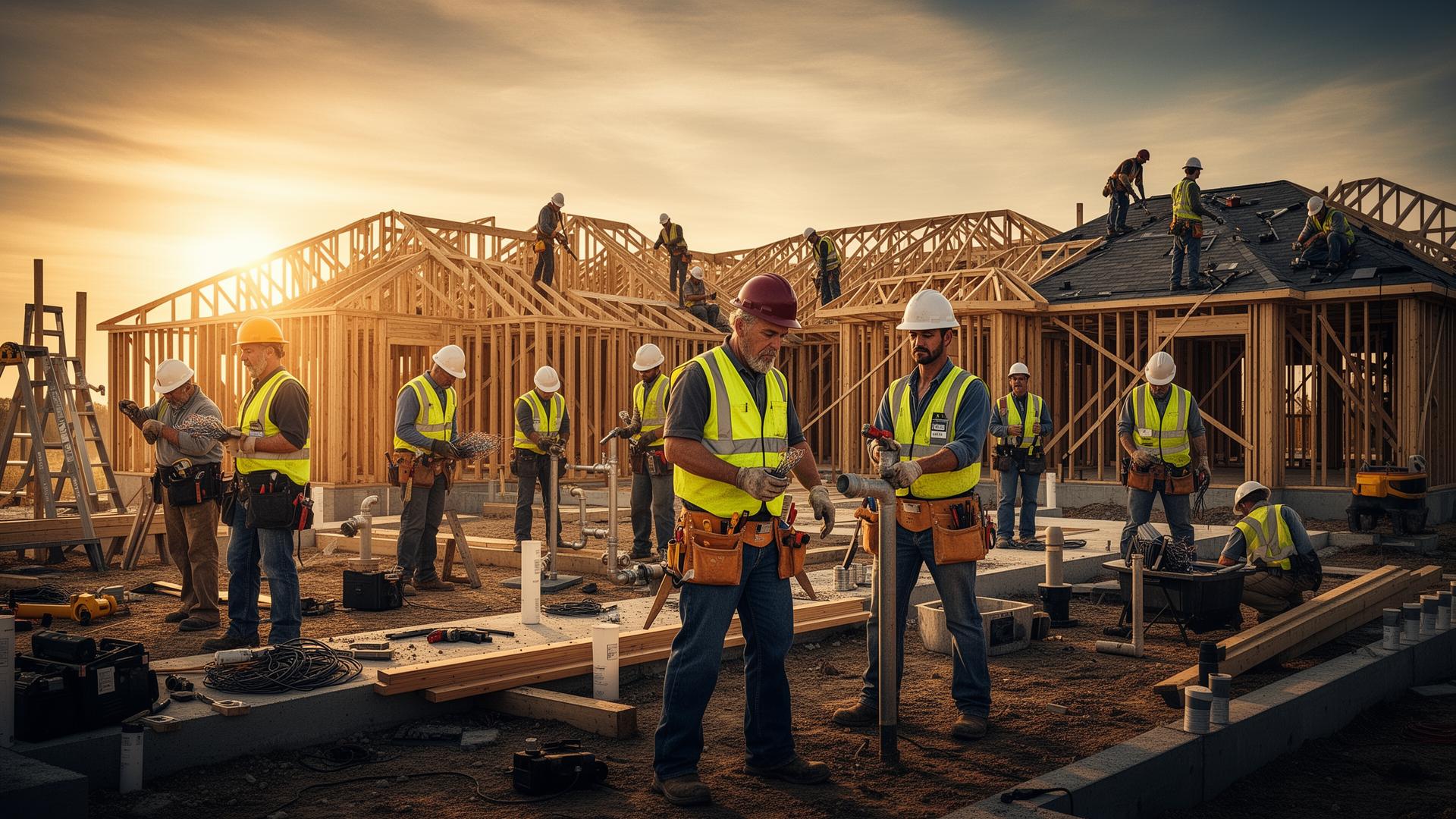 Trade contractors building a home at sunset